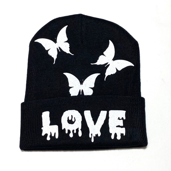 Winter Skully Beanie Hat With Love and Butterflies - Picture 2 of 7